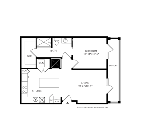 Floor plan for 1 bed, 1 bath, 715 sqft