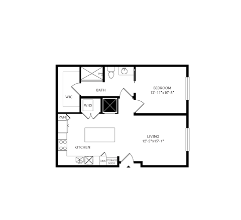 Floor plan for 1 bed, 1 bath, 810 sqft