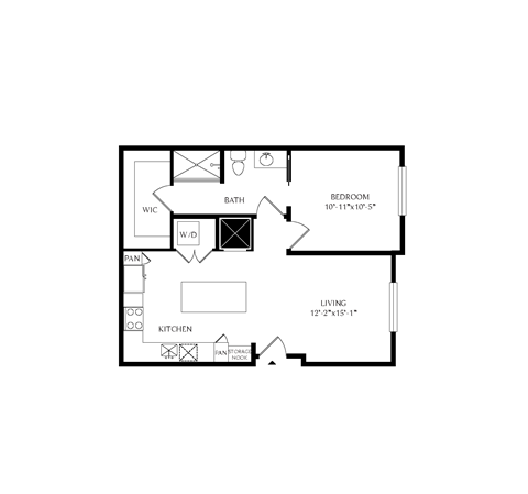 Floor plan for 1 bed, 1 bath, 728 sqft