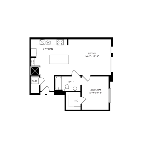 Floor plan for 1 bed, 1 bath, 745 sqft