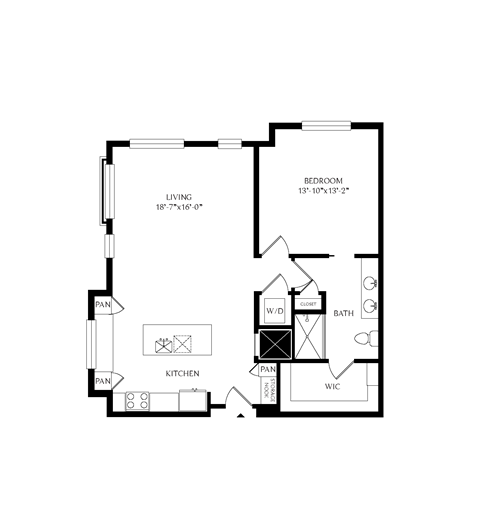 Floor plan for 1 bed, 1 bath, 945 sqft