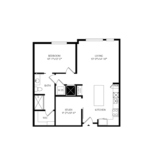 Floor plan for 1 bed, 1 bath, 880 sqft