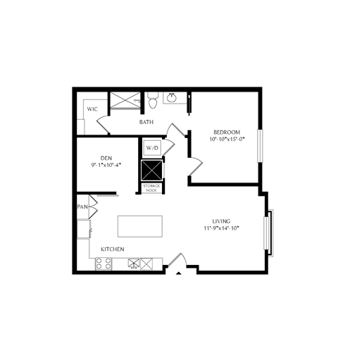 Floor plan for 1 bed, 1 bath, 895 sqft