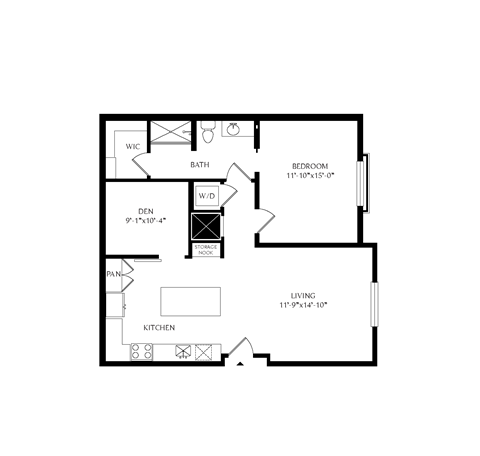 Floor plan for 1 bed, 1 bath, 907 sqft