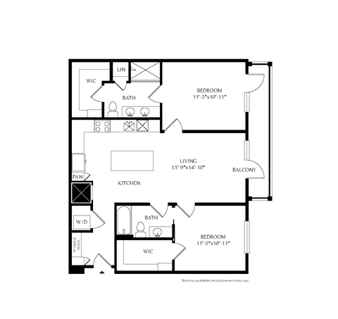 Floor plan for 2 beds, 2 baths, 1075 sqft