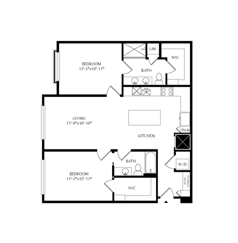 Floor plan for 2 beds, 2 baths, 1171 sqft