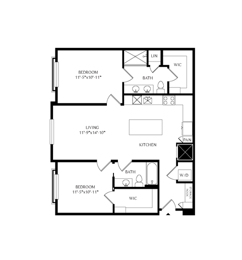 Floor plan for 2 beds, 2 baths, 1088 sqft