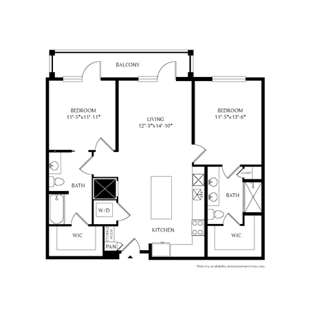 Floor plan for 2 beds, 2 baths, 1075 sqft