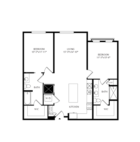 Floor plan for 2 beds, 2 baths, 1171 sqft