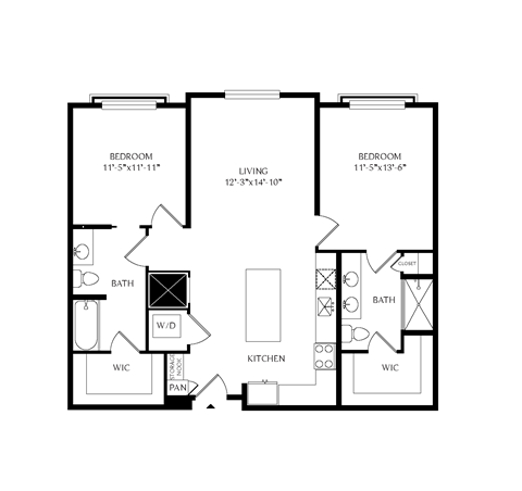 Floor plan for 2 beds, 2 baths, 1088 sqft
