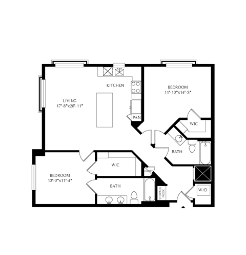 Floor plan for 2 beds, 2 baths, 1099 sqft