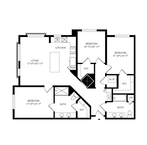 Floor plan for 3 beds, 2 baths, 1293 sqft