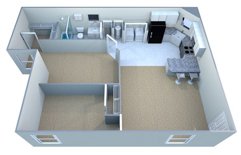 Floor plan for 2 beds, 1 bath, 870 sqft
