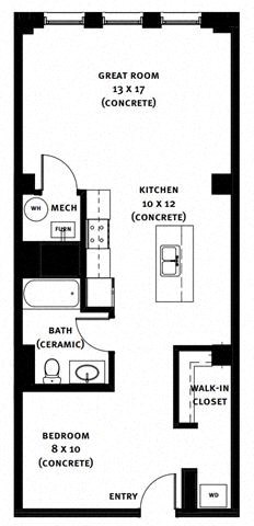 Floor plan for 1 bed, 1 bath, 763 sqft