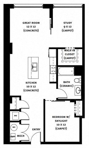 Floor plan for 1 bed, 1 bath, 954 sqft