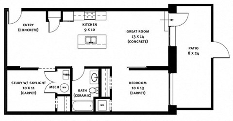 Floor plan for 1 bed, 1 bath, 1128 sqft