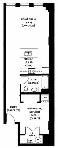 Floor plan for 1 bed, 1 bath, 736 sqft