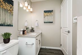 Edmonton apartment for rent - a bathroom with a sink and a toilet and a mirror