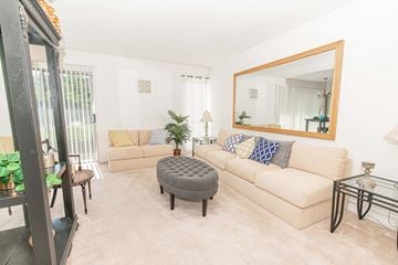 Ballwin apartment for rent - a living room with a couch and a and a mirror
