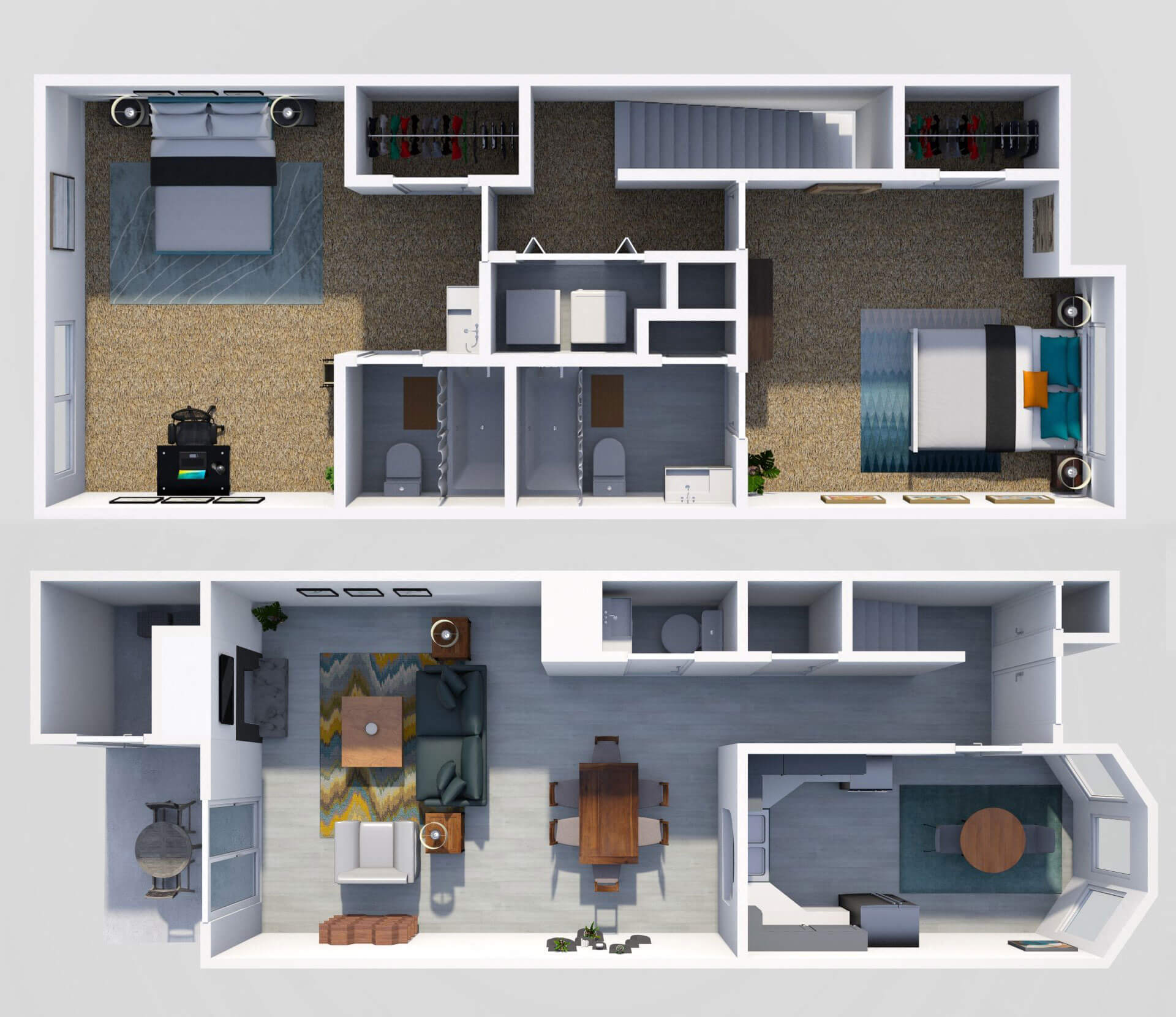 Floor plan for 2 beds, 2.5 baths, 1233 sqft
