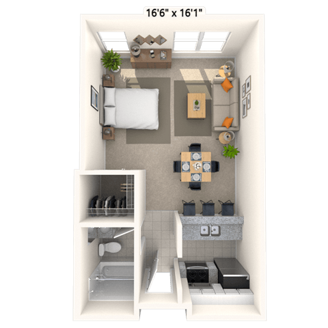 Floor plan for studio, 1 bath, 486 sqft