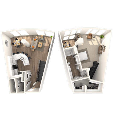Floor plan for 1 bed, 1.5 baths, 1270 sqft