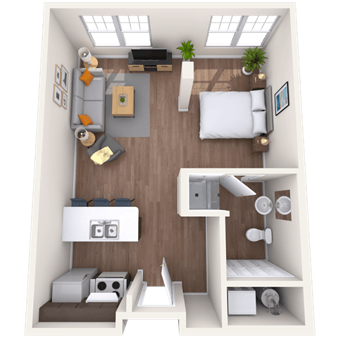 Floor plan for studio, 1 bath, 693 sqft