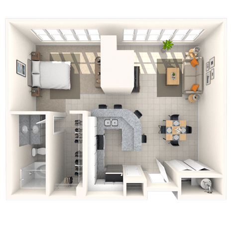 Floor plan for studio, 1 bath, 885 sqft