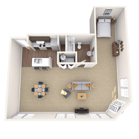 Floor plan for studio, 1 bath, 950 sqft