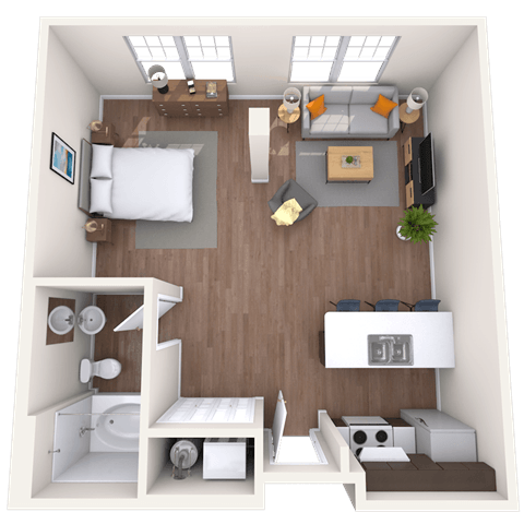 Floor plan for 1 bed, 1 bath, 633 sqft