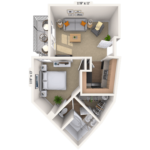 Floor plan for studio, 1 bath, 538 sqft