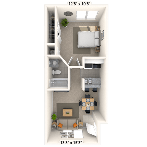 Floor plan for 1 bed, 1 bath, 516 sqft