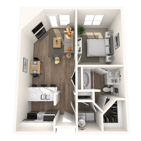 Floor plan for 1 bed, 1 bath, 667 sqft