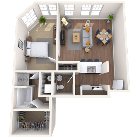 Floor plan for 1 bed, 1 bath, 935 sqft