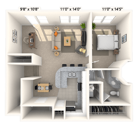 Floor plan for 1 bed, 1.5 baths, 878 sqft