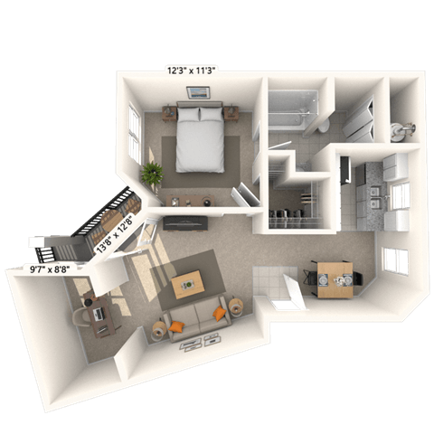 Floor plan for 1 bed, 1 bath, 667 sqft