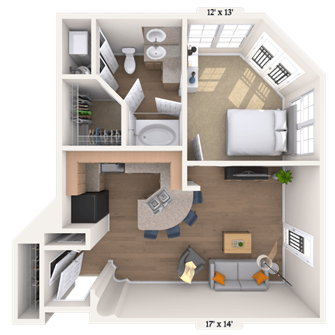 Floor plan for 1 bed, 1 bath, 691 sqft
