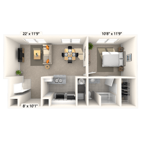 Floor plan for 1 bed, 1 bath, 698 sqft