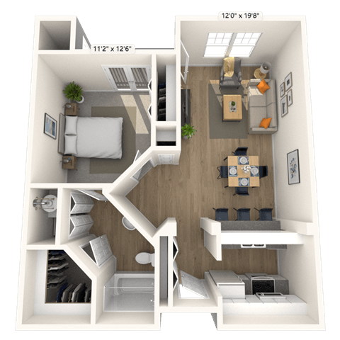 Floor plan for 1 bed, 1 bath, 729 sqft