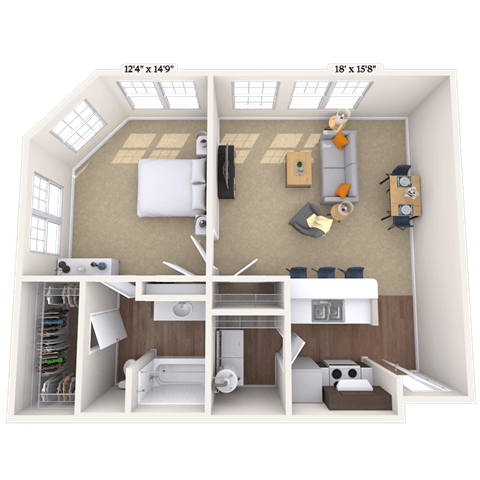 Floor plan for 1 bed, 1 bath, 753 sqft