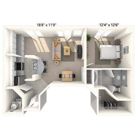 Floor plan for 1 bed, 1 bath, 763 sqft