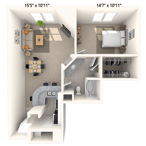 Floor plan for 1 bed, 1 bath, 791 sqft