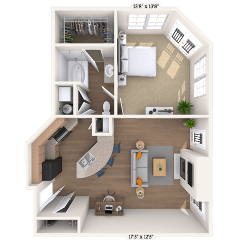 Floor plan for 1 bed, 1 bath, 870 sqft