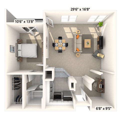 Floor plan for 1 bed, 1 bath, 886 sqft
