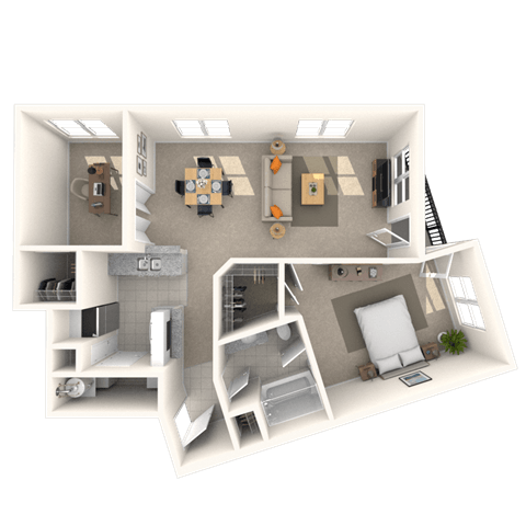 Floor plan for 1 bed, 1 bath, 890 sqft