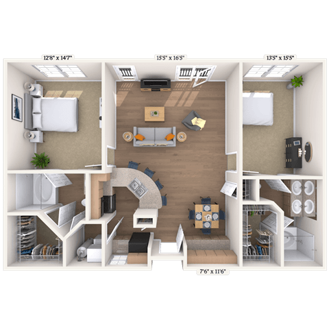 Floor plan for 2 beds, 2 baths, 1003 sqft