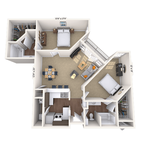 Floor plan for 2 beds, 2 baths, 1139 sqft