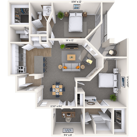 Floor plan for 2 beds, 2 baths, 1157 sqft