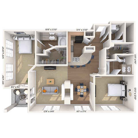 Floor plan for 2 beds, 2.5 baths, 1376 sqft