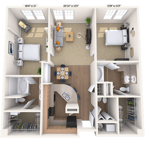 Floor plan for 2 beds, 2.5 baths, 1219 sqft